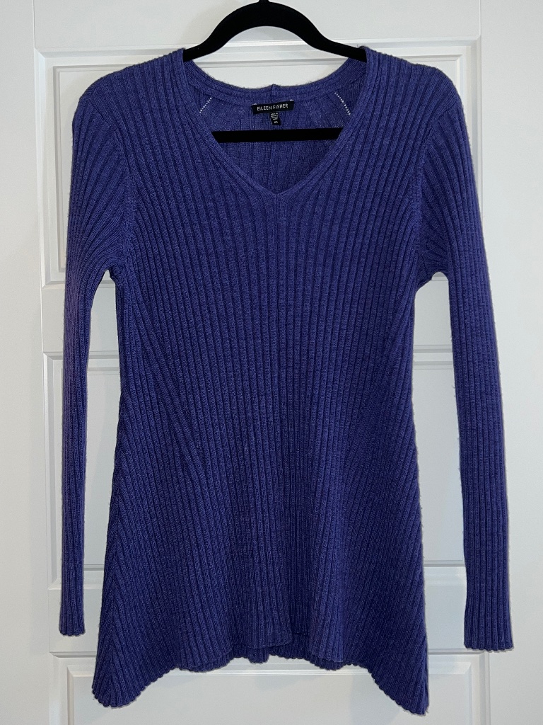 Eileen Fisher Purple 100% Merino Wool Ribbed V-Neck Sweater Tunic Size Xs